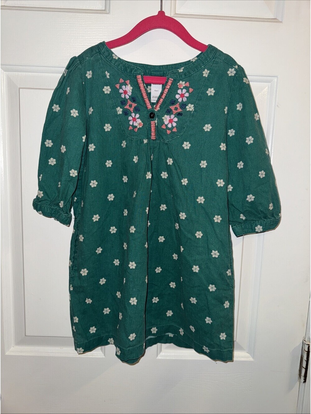 Tea Collection Girls Green Long Sleeve Dress with Embroidered flowers Size 6